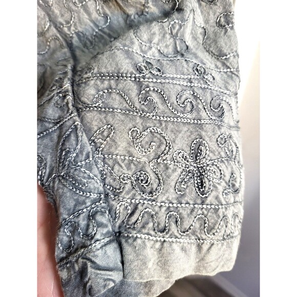 Boho Minimalist Gray Embroidered Button Down Top | Artsy Textured Long Sleeve M - Picture 9 of 16